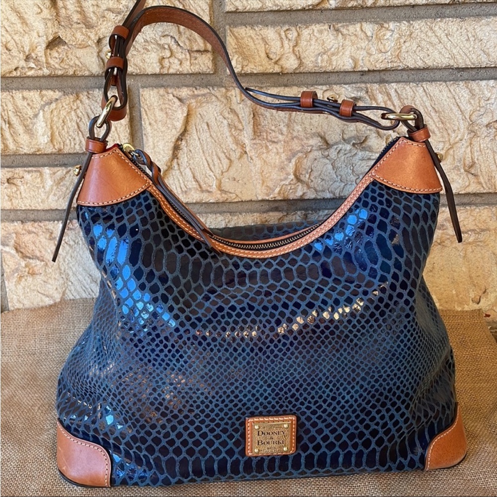 Dooney & Bourke Navy Blue Snakeskin-Embossed Leather Hobo with Brown Trim